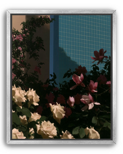 Flowers beneath the tiled wall