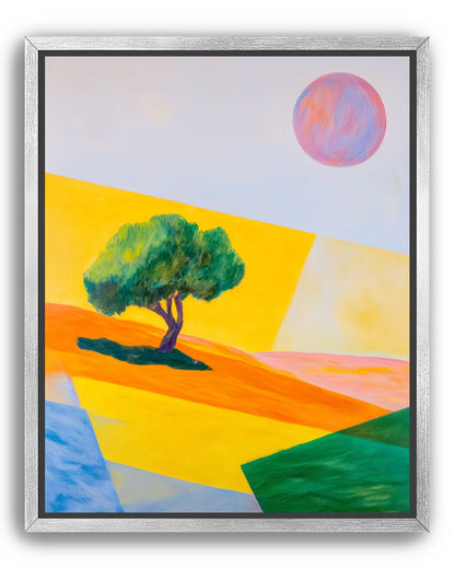 Pink sun over yellow hills
