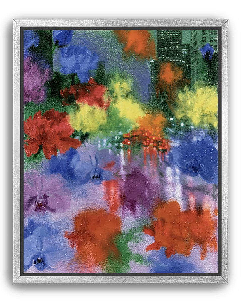 Neon traffic under painted blooms