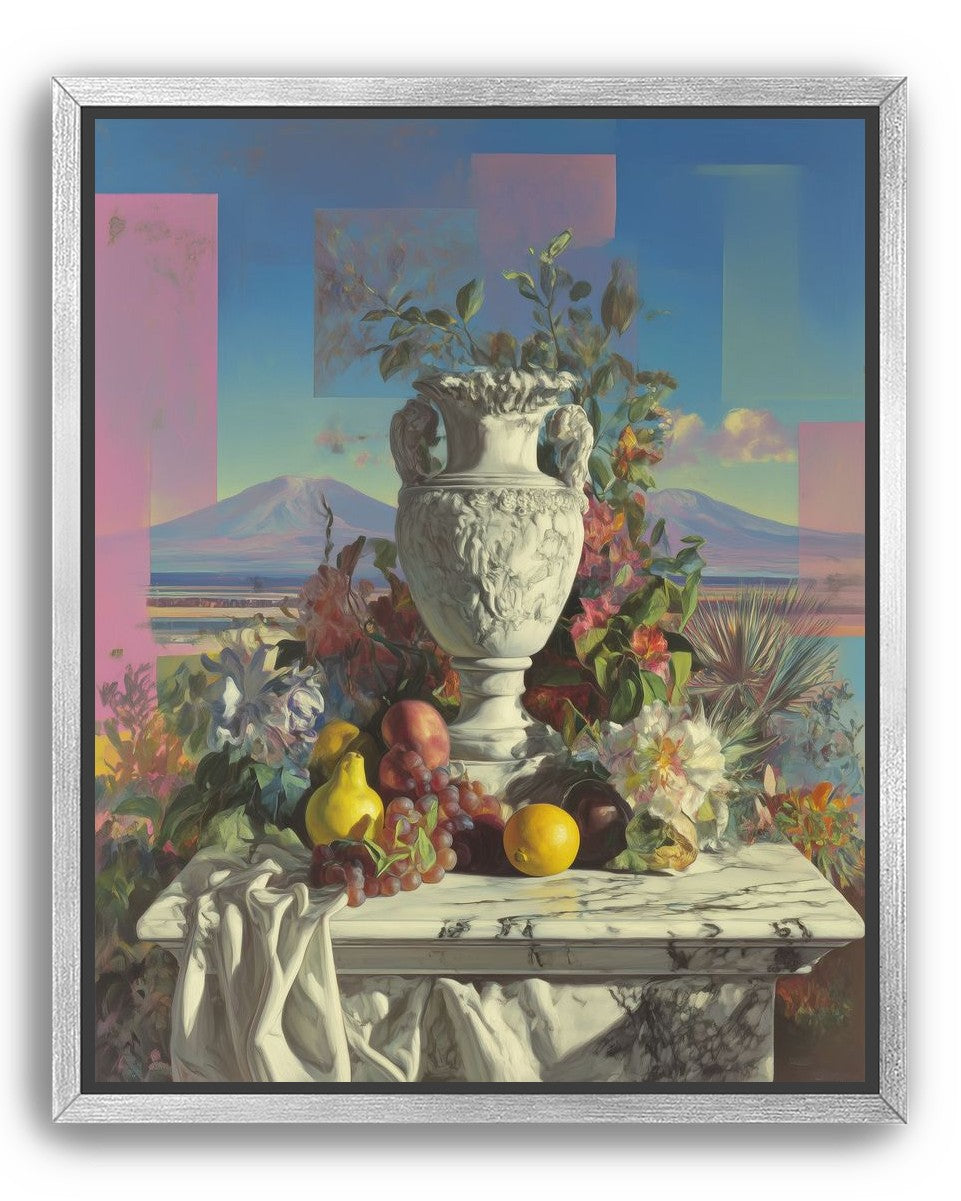 Urn and fruit before mountains