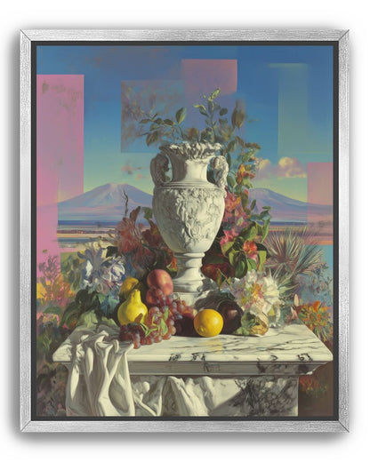 Urn and fruit before mountains