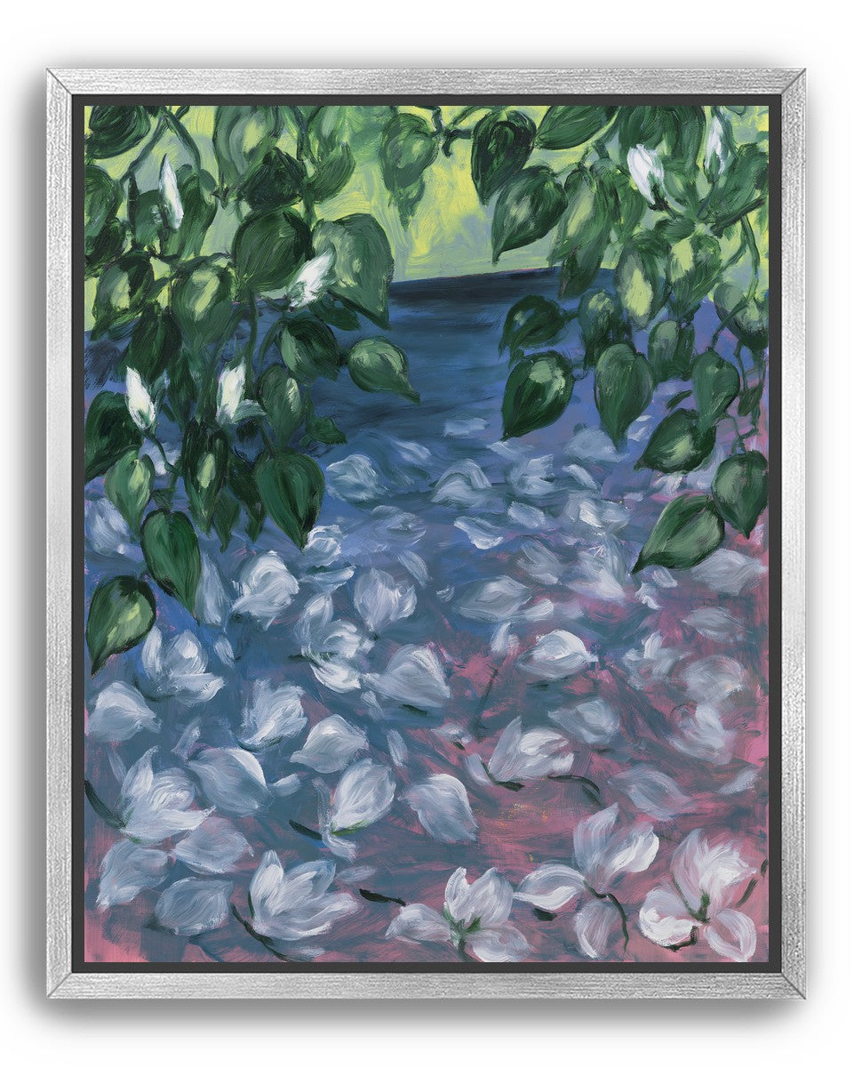 White petals on blue pond