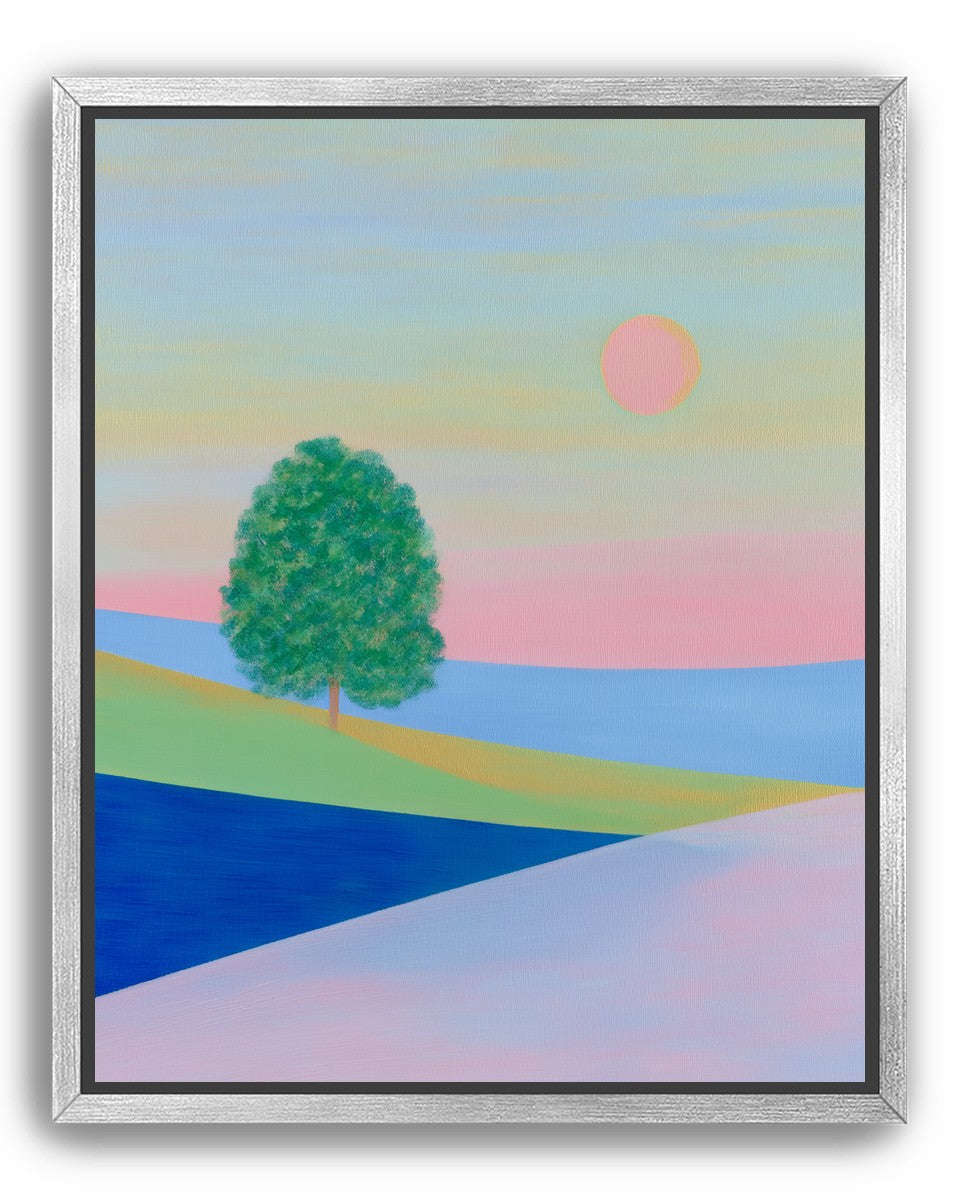 Pink sun over striped hills
