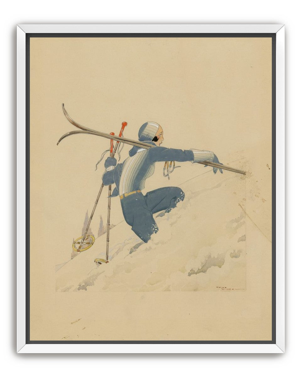 Blue skier in pale snow