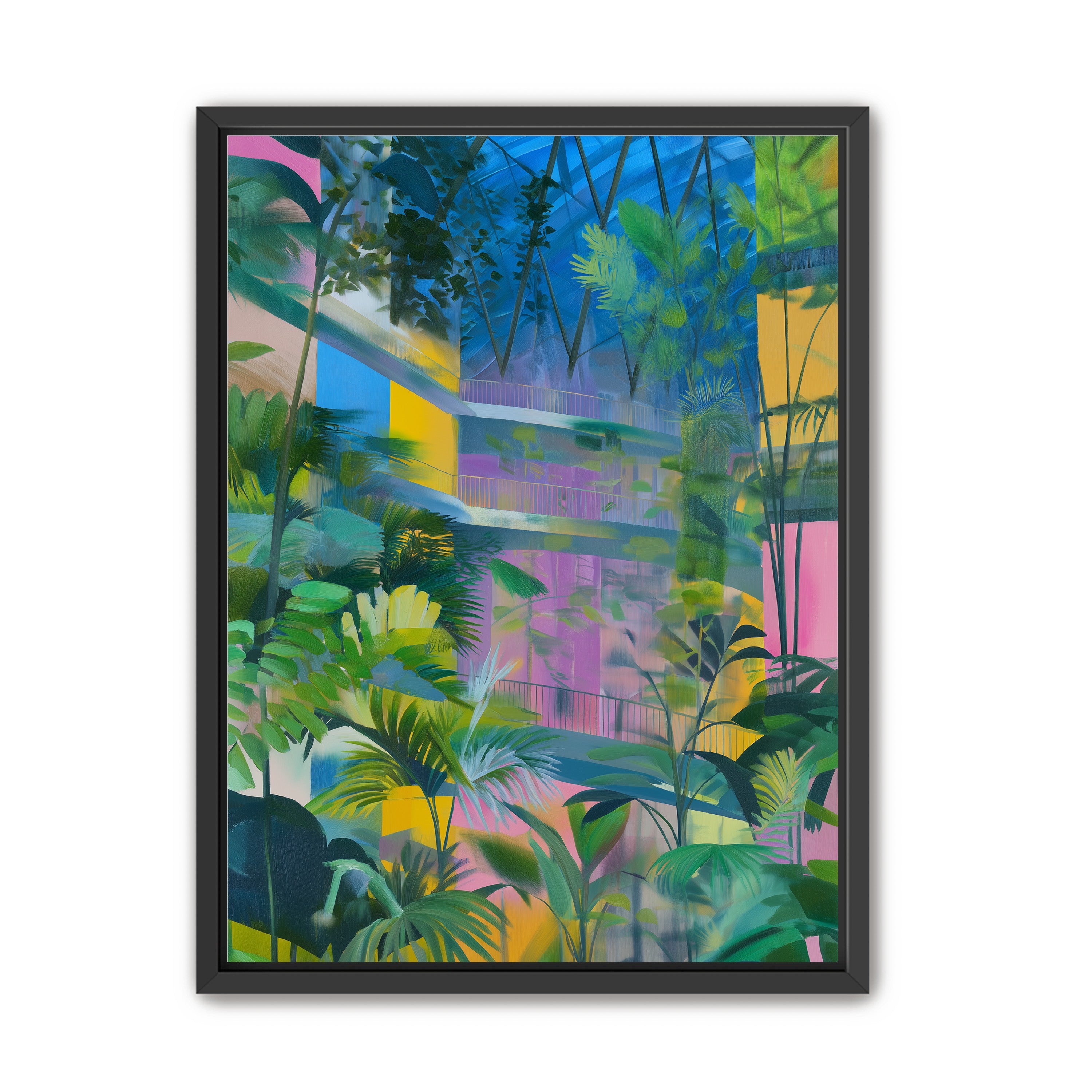 Blue roof over pink atrium
