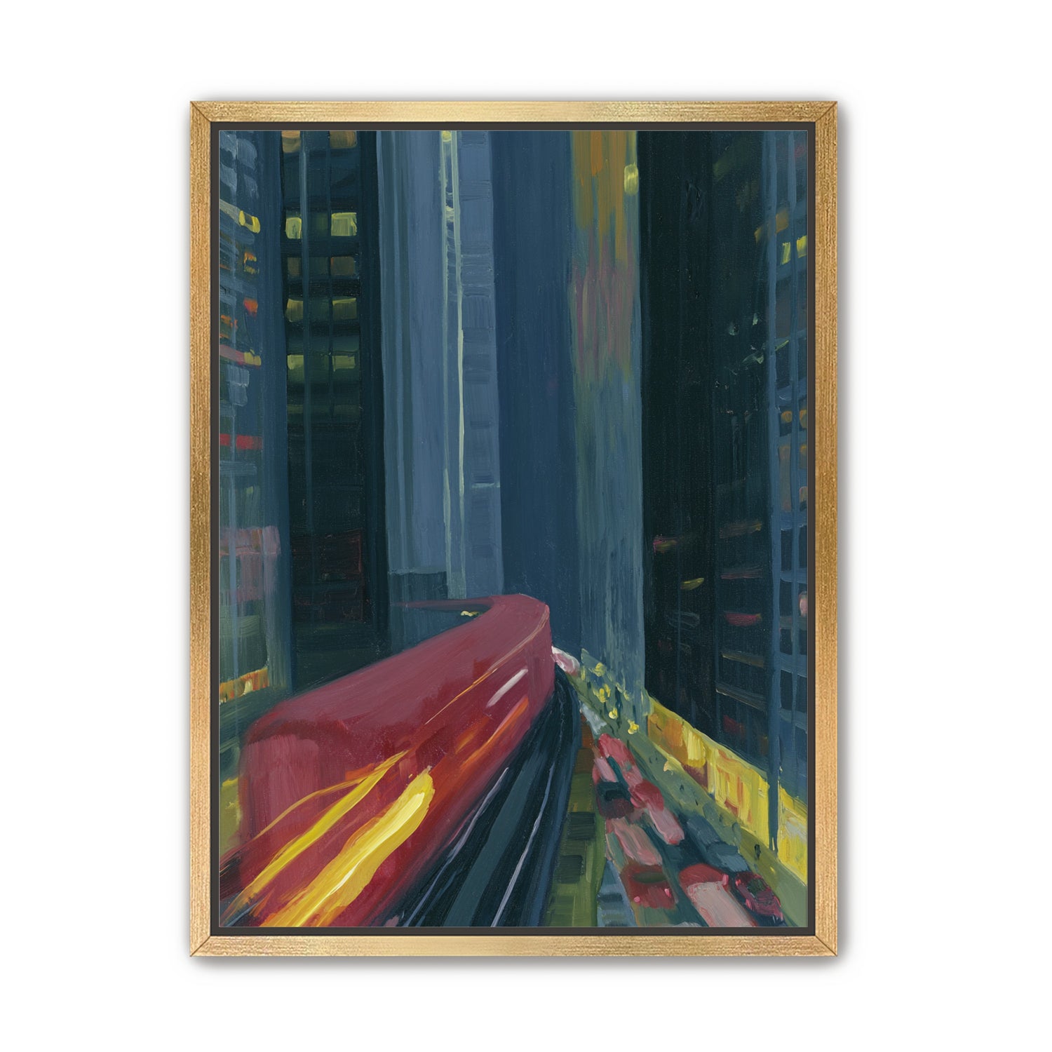Red train in blue towers