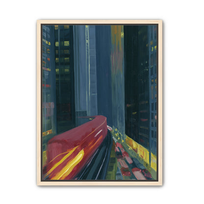 Red train in blue towers