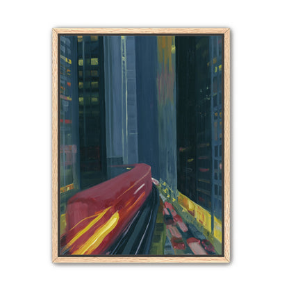 Red train in blue towers