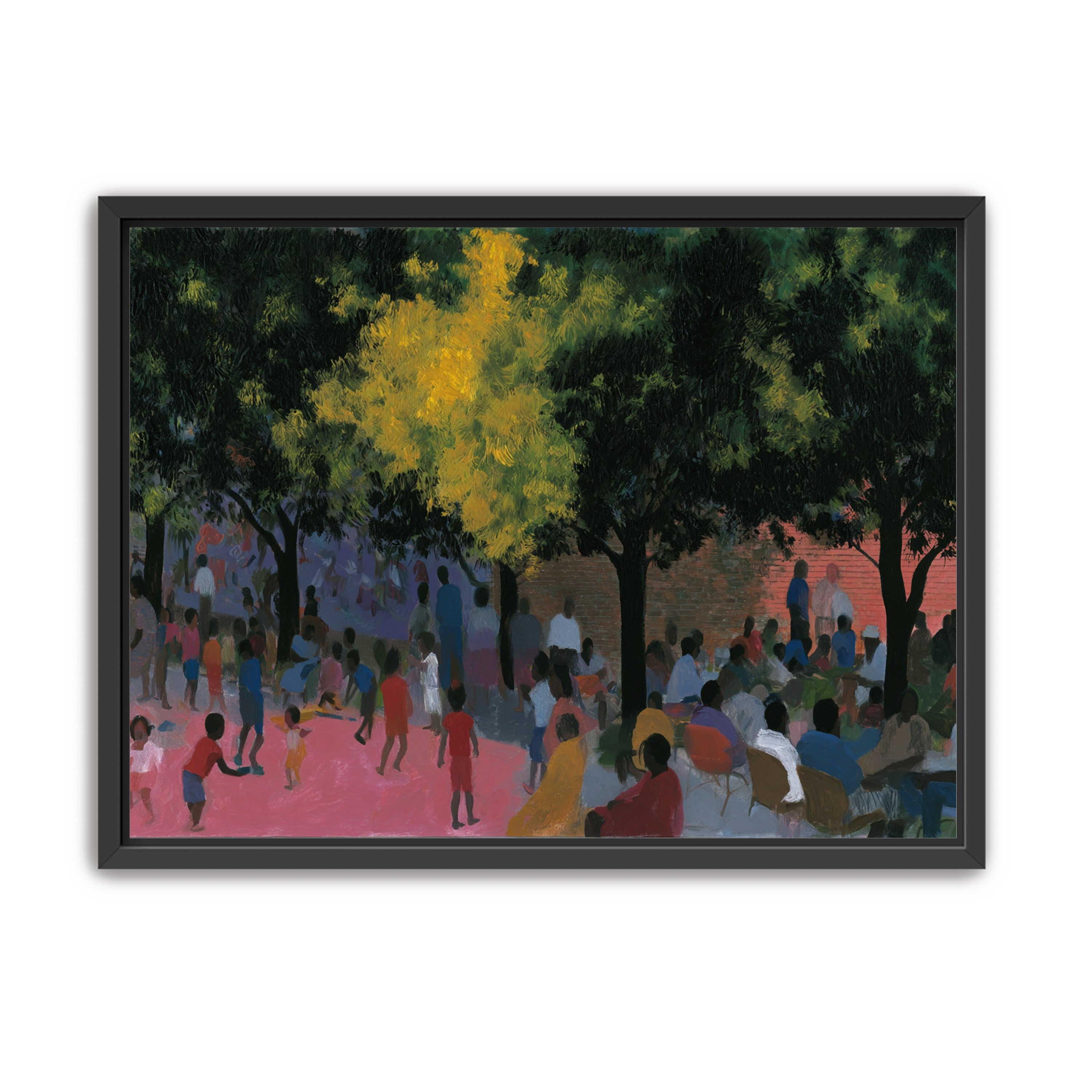 Children playing under trees