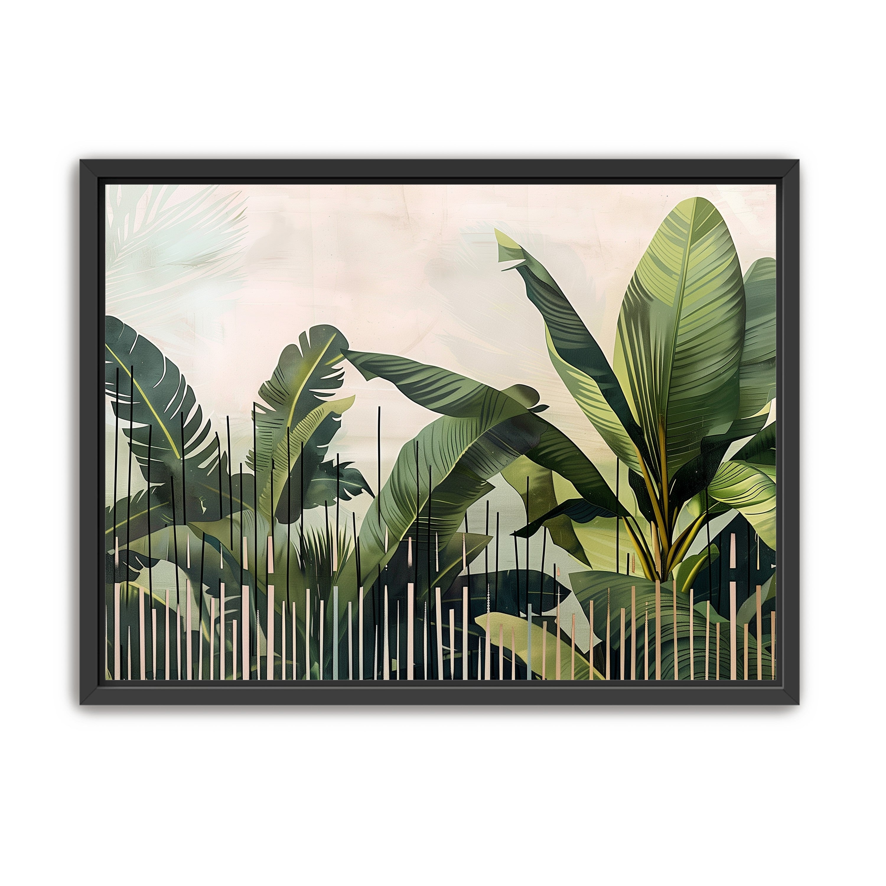 Tropical leaves behind black bars