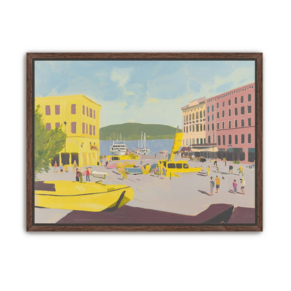 Yellow boats among pastel buildings