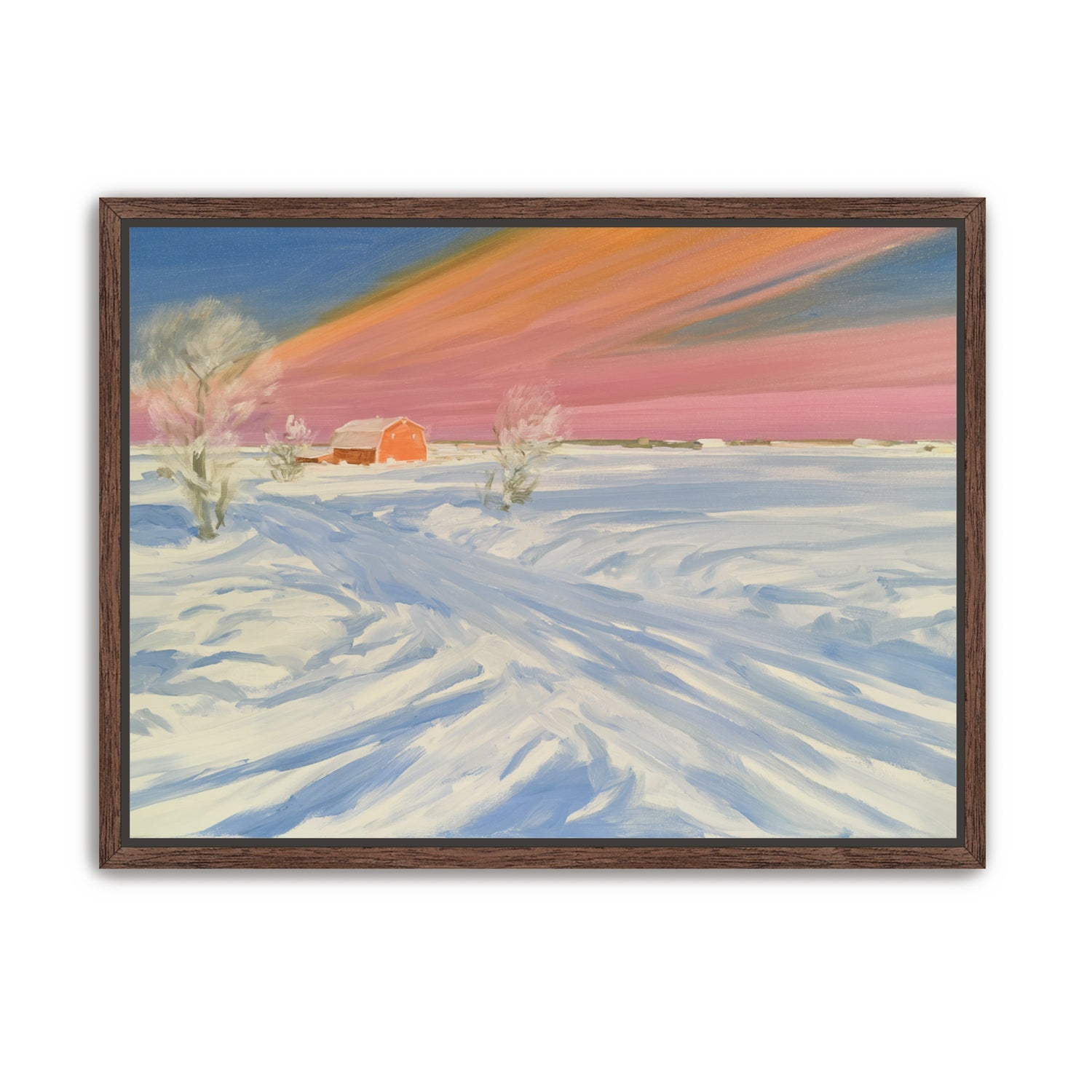 Pink sky over the red barn
