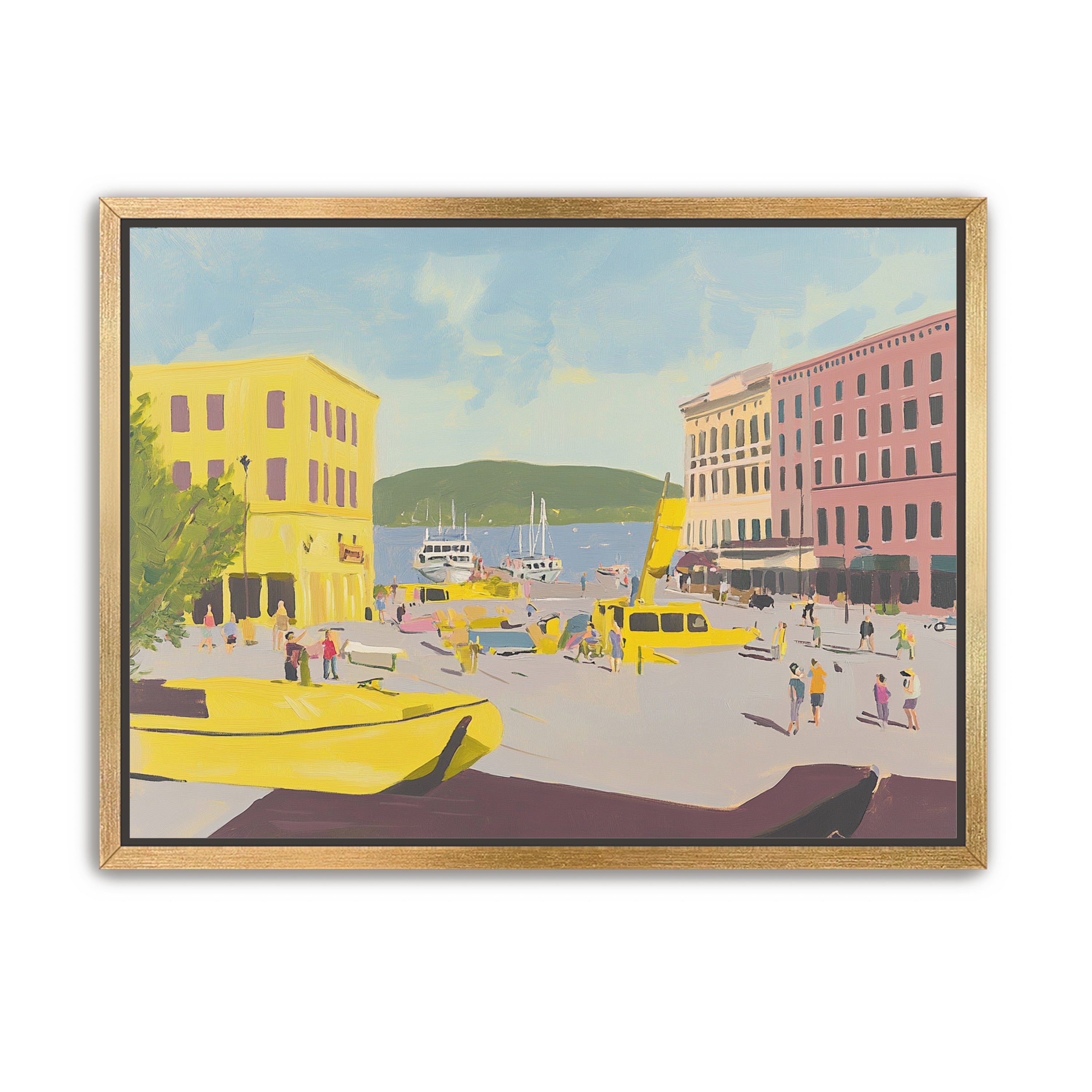 Yellow boats among pastel buildings