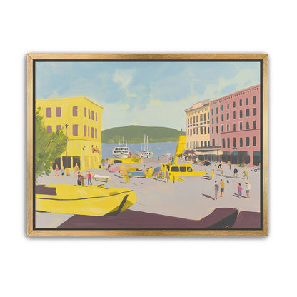 Yellow boats among pastel buildings