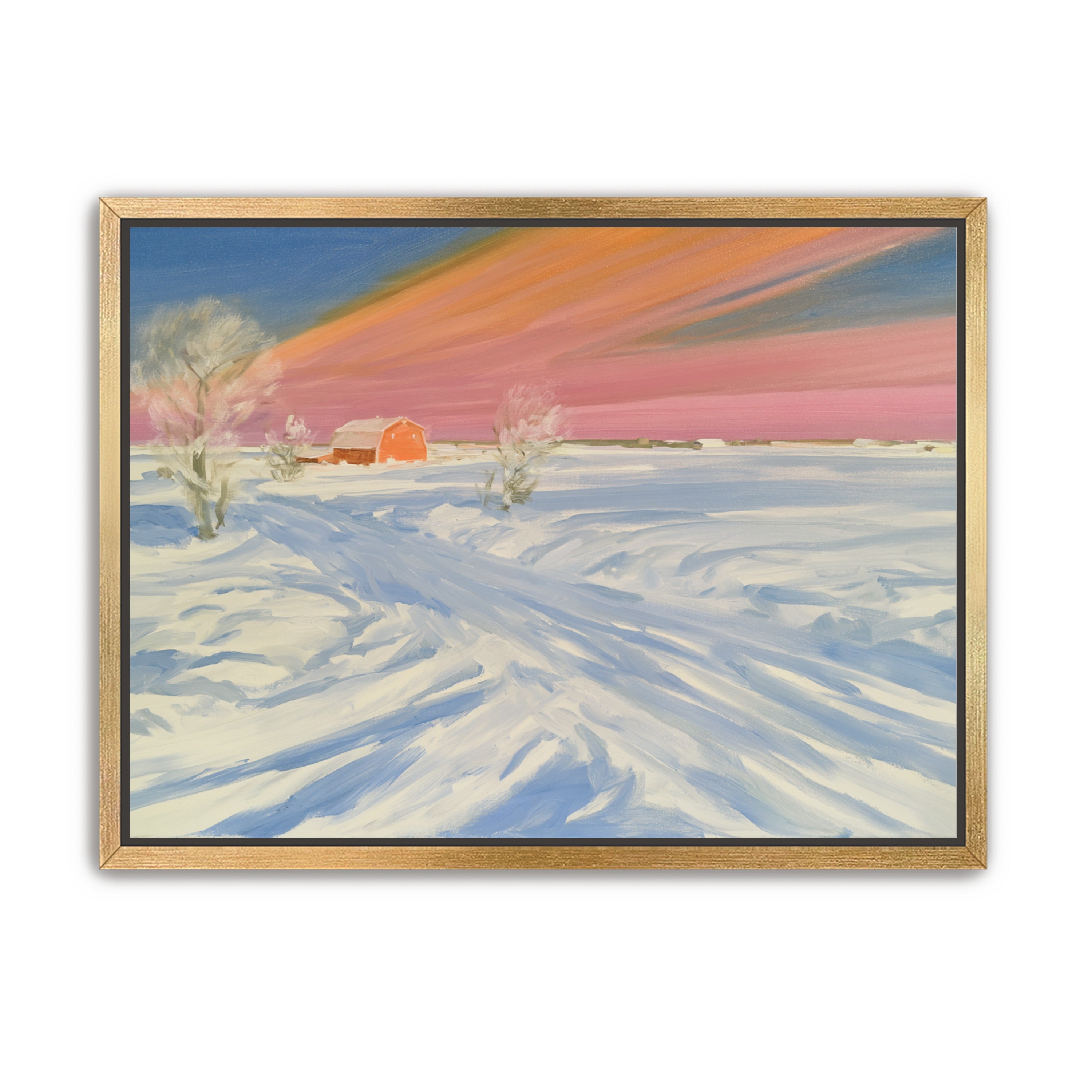 Pink sky over the red barn