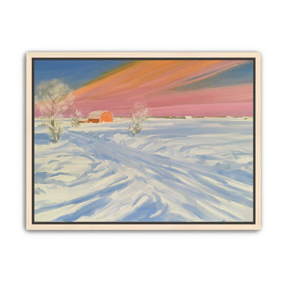 Pink sky over the red barn