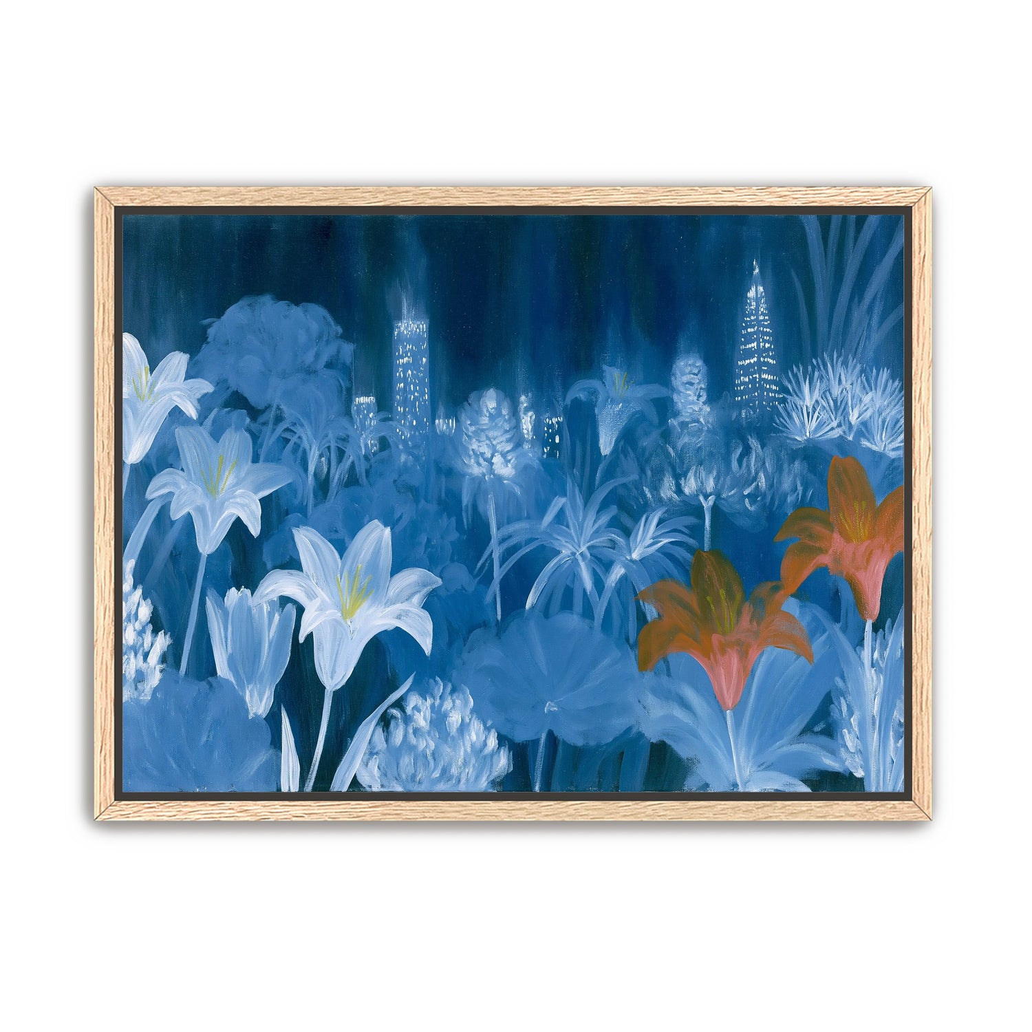 City lights behind lilies