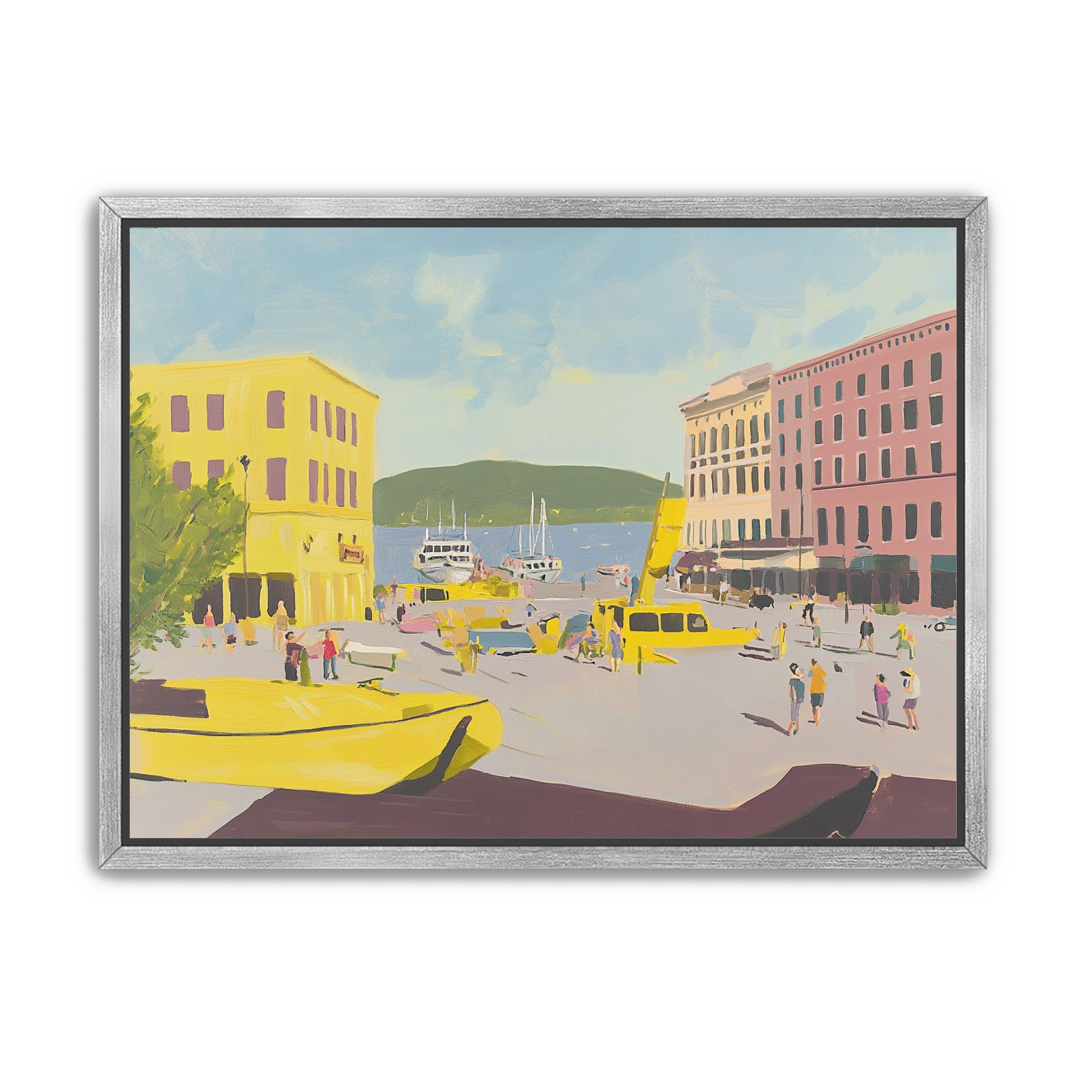 Yellow boats among pastel buildings