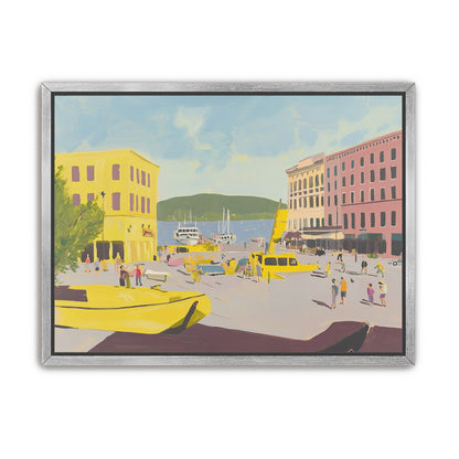 Yellow boats among pastel buildings