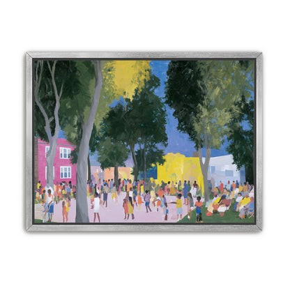 Summer crowd under tall trees