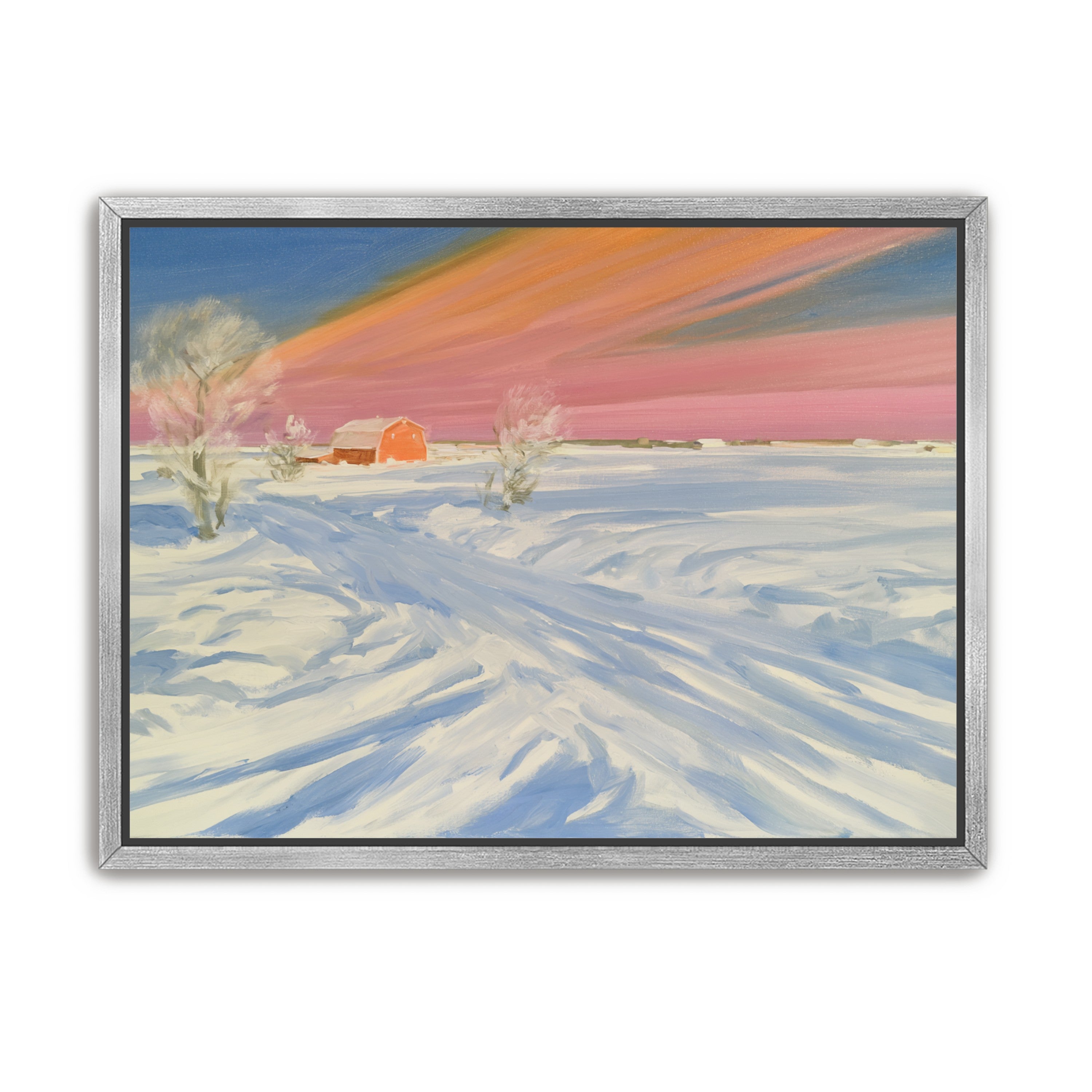 Pink sky over the red barn