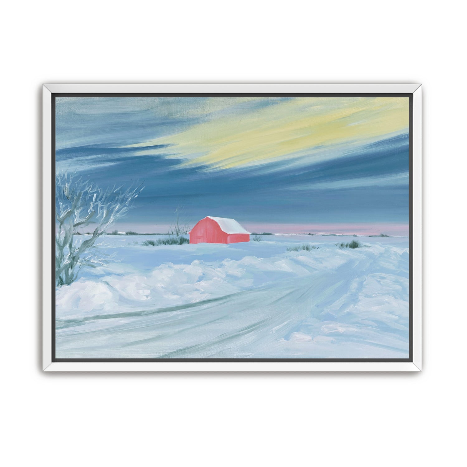 Red barn beneath winter sky
