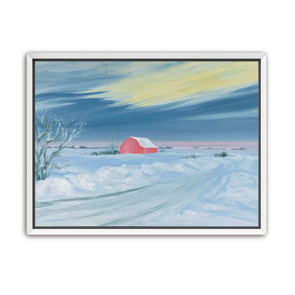 Red barn beneath winter sky