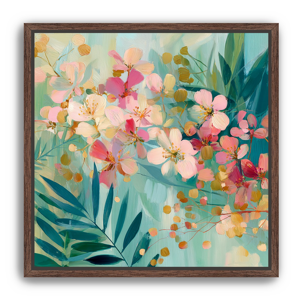 Blossoms over teal leaves