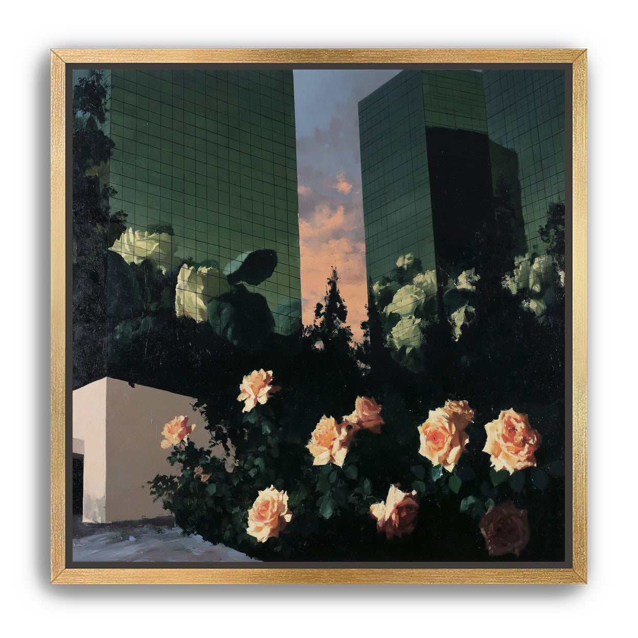 Roses under green towers