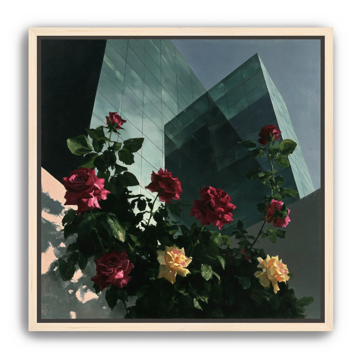 Roses against glass towers