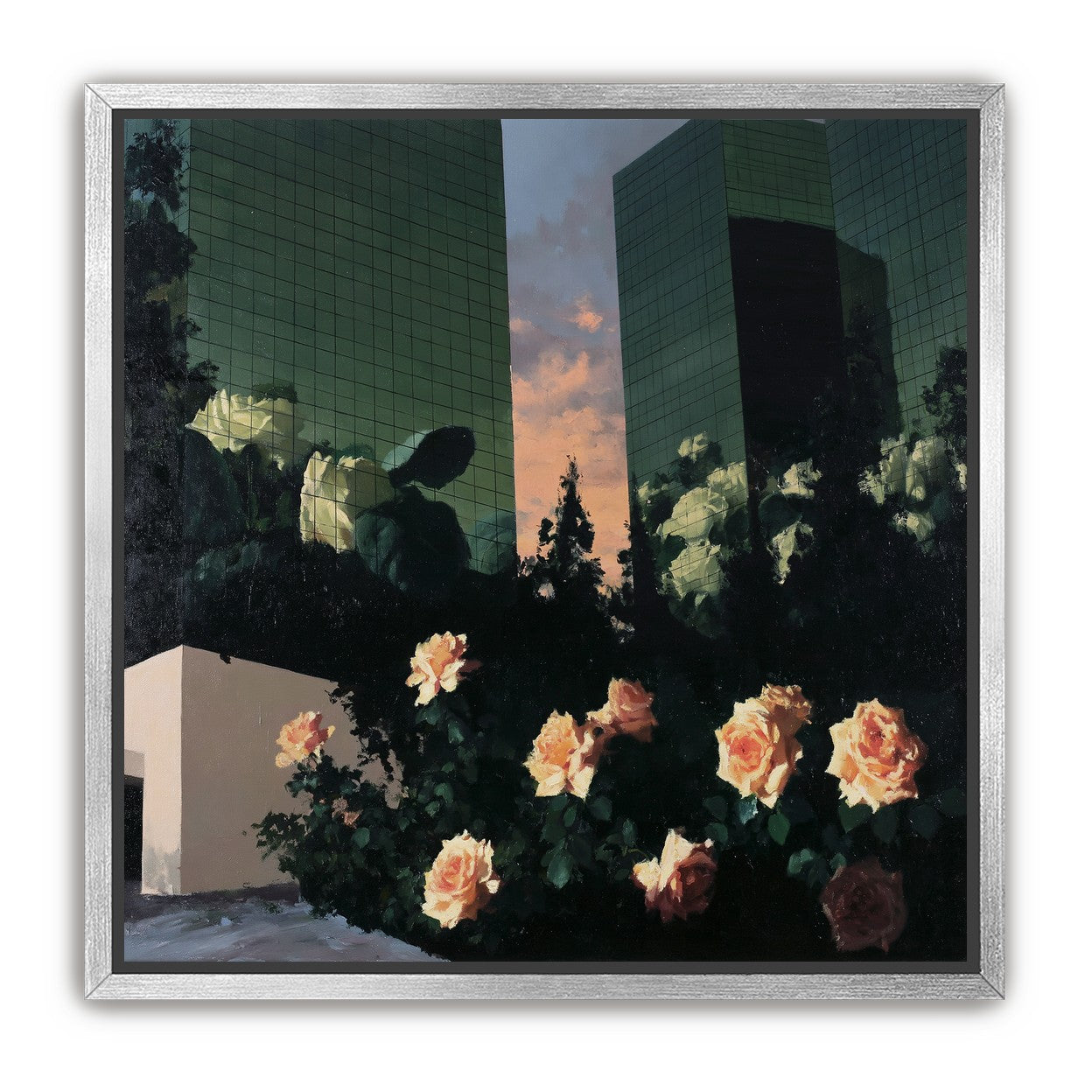 Roses under green towers