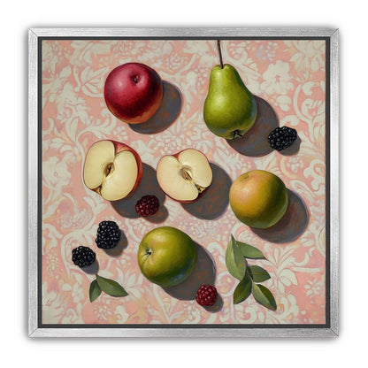 Apples, Pear, and Berries on Floral Fabric