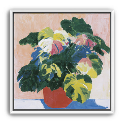 Red pot under heavy leaves