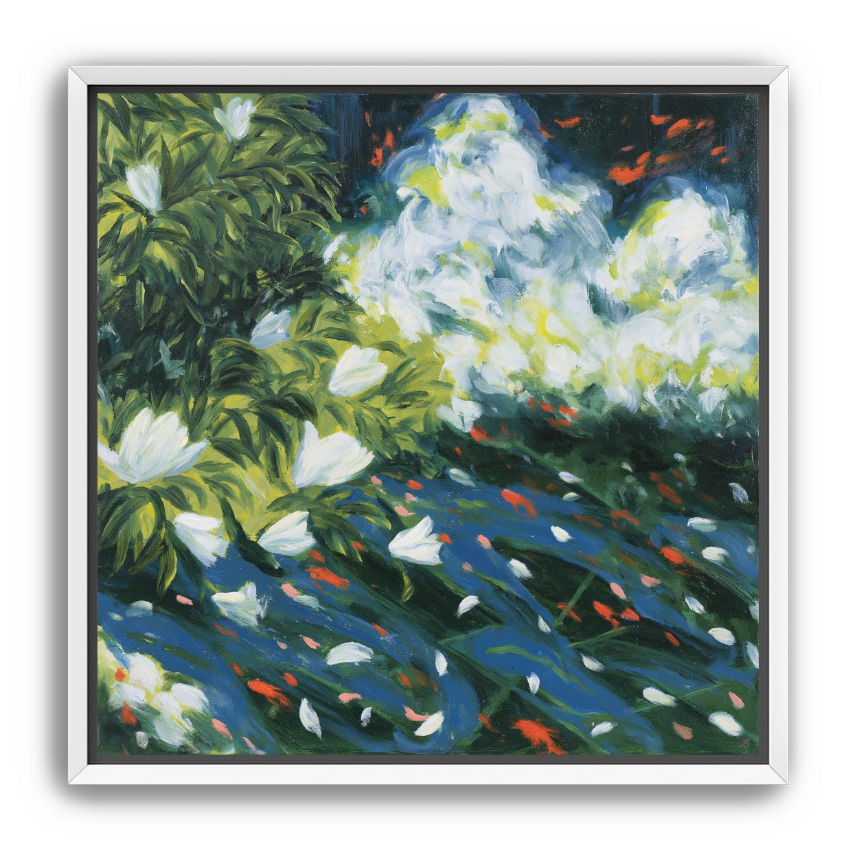 White petals on blue water