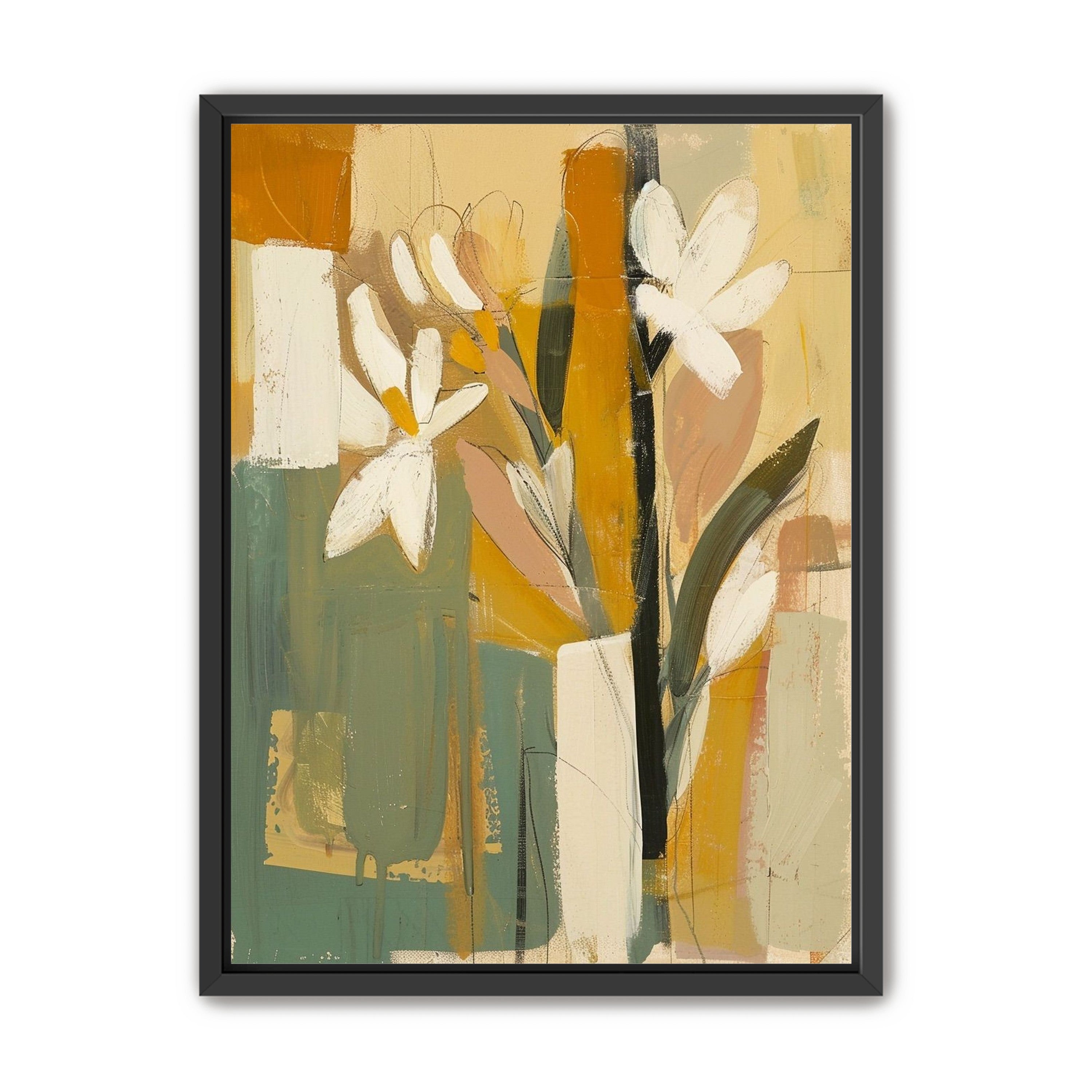 White flowers in ochre blocks