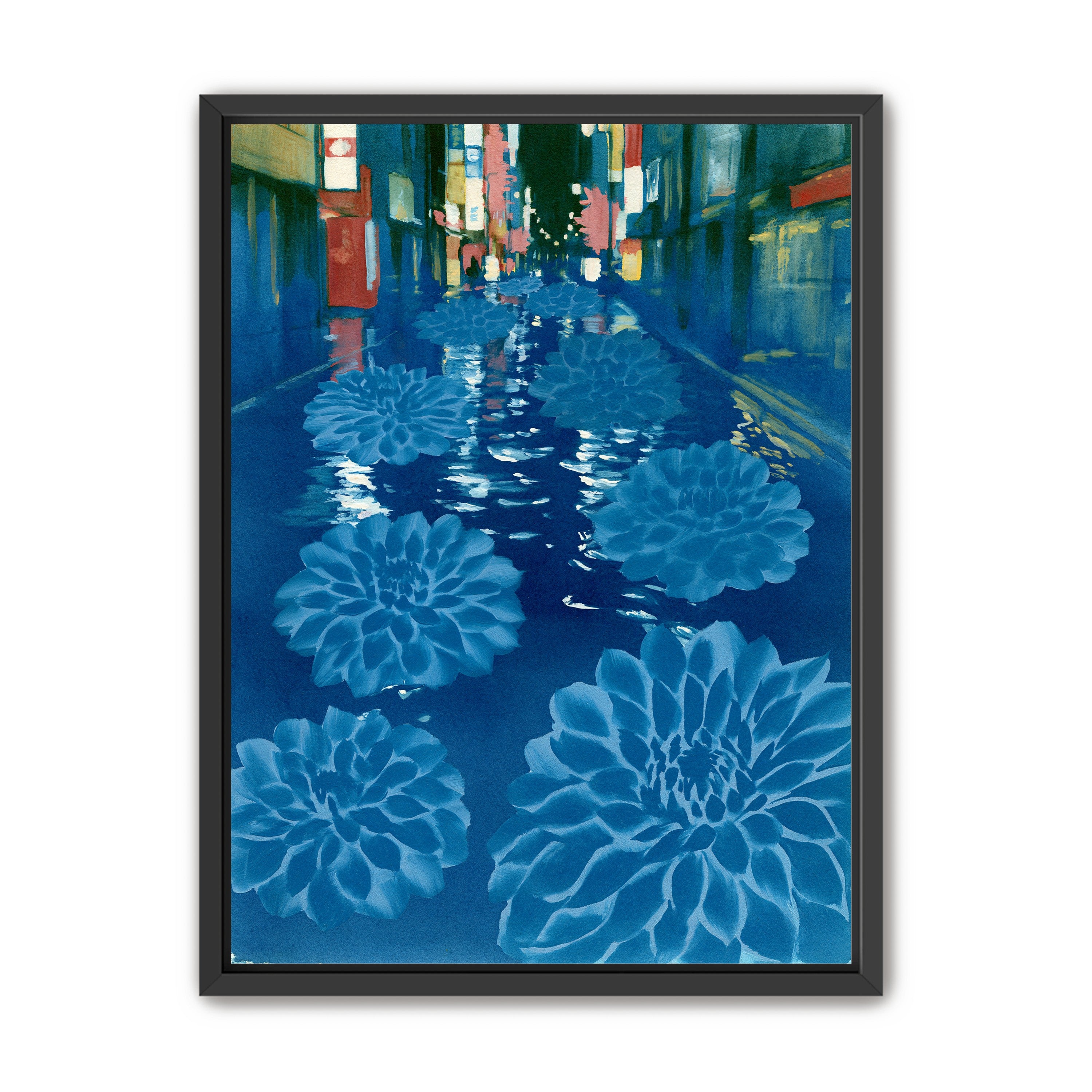 Neon spills into blue floodwater