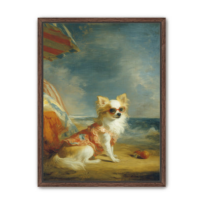 Seaside dog in red sunglasses