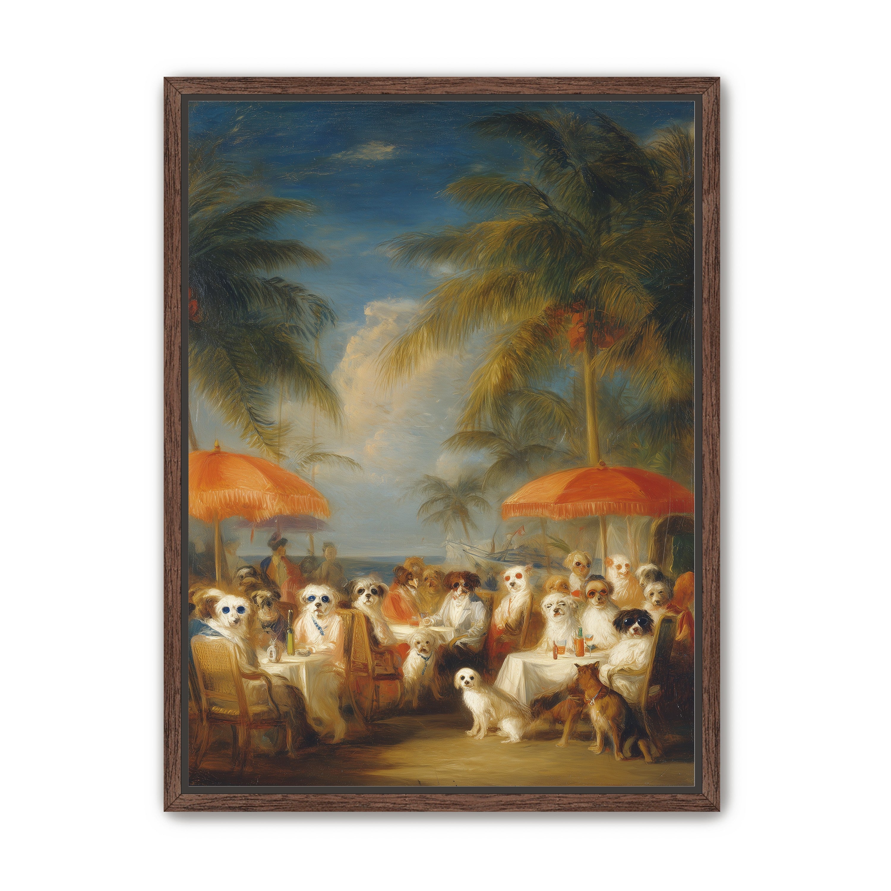 Dogs at seaside tables
