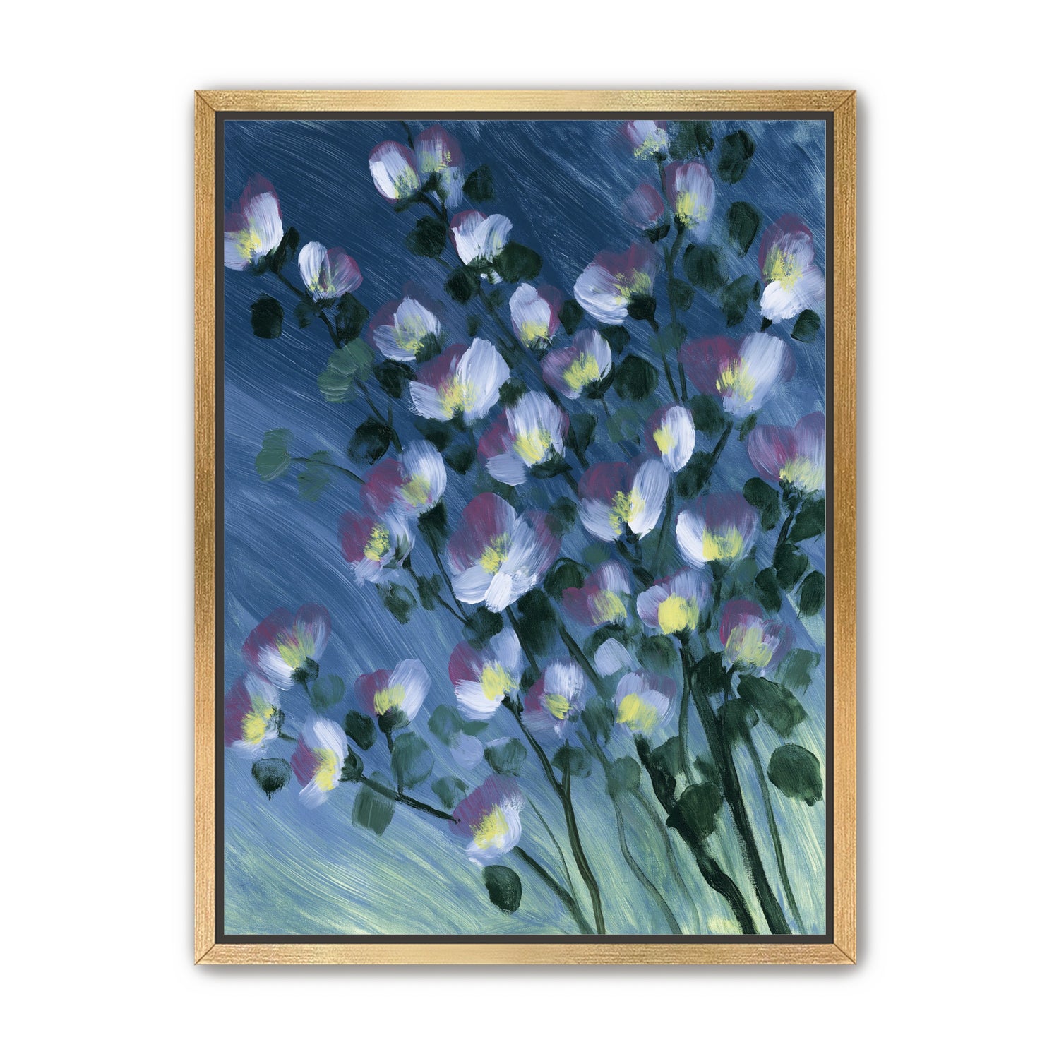 White blossoms on blue field