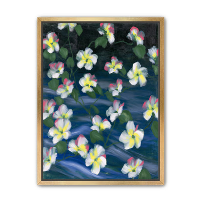 White flowers across deep blue