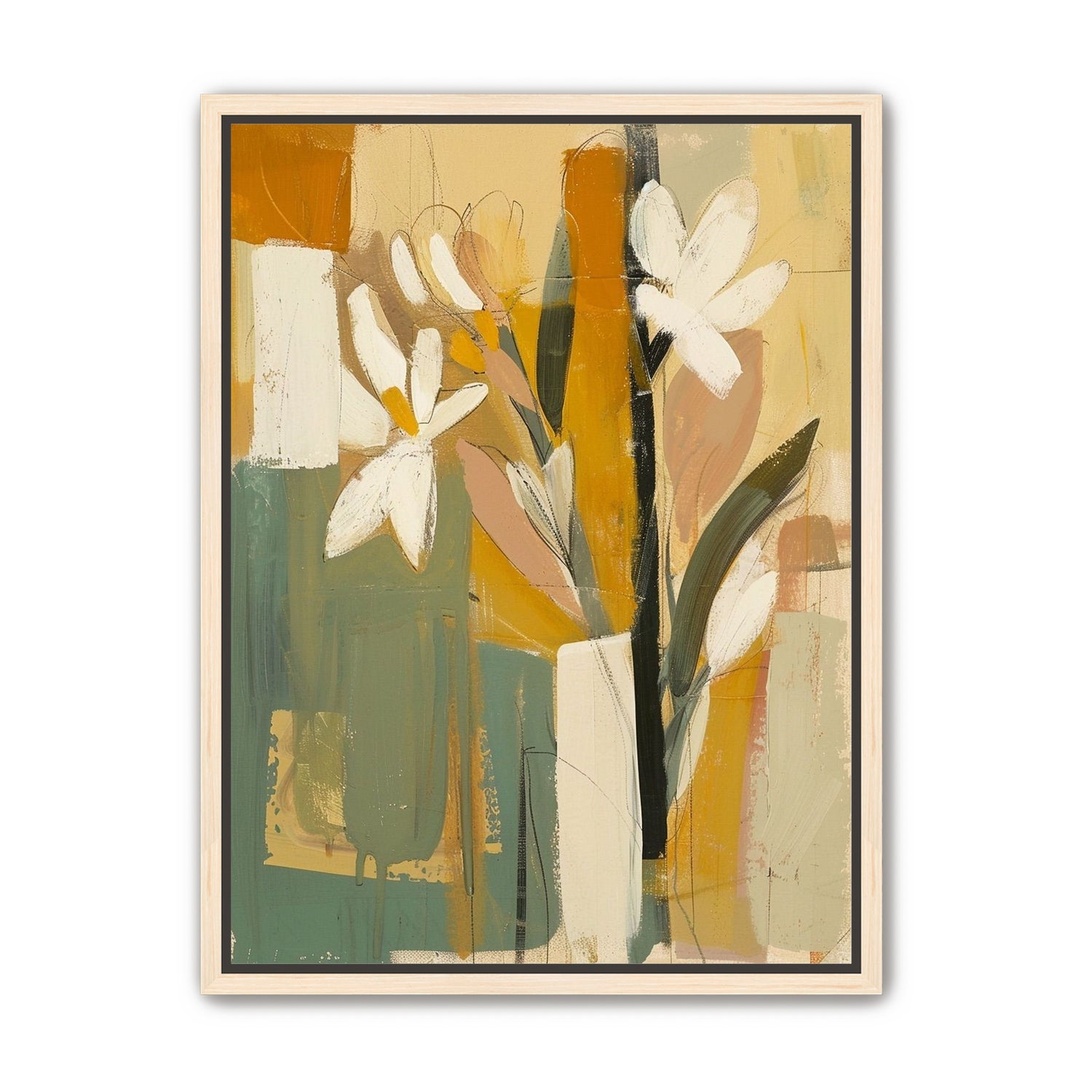 White flowers in ochre blocks