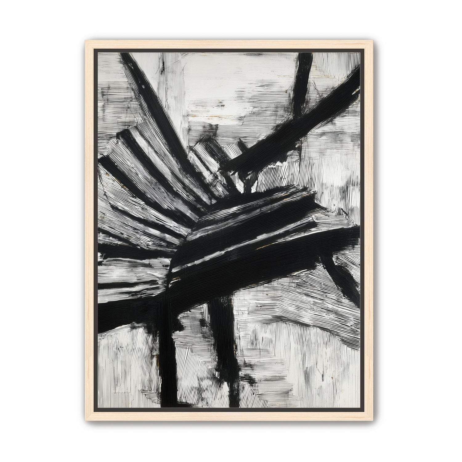 Non-Representational: Thick black brushstrokes cross and stack over a white surface filled with fine scratched lines.