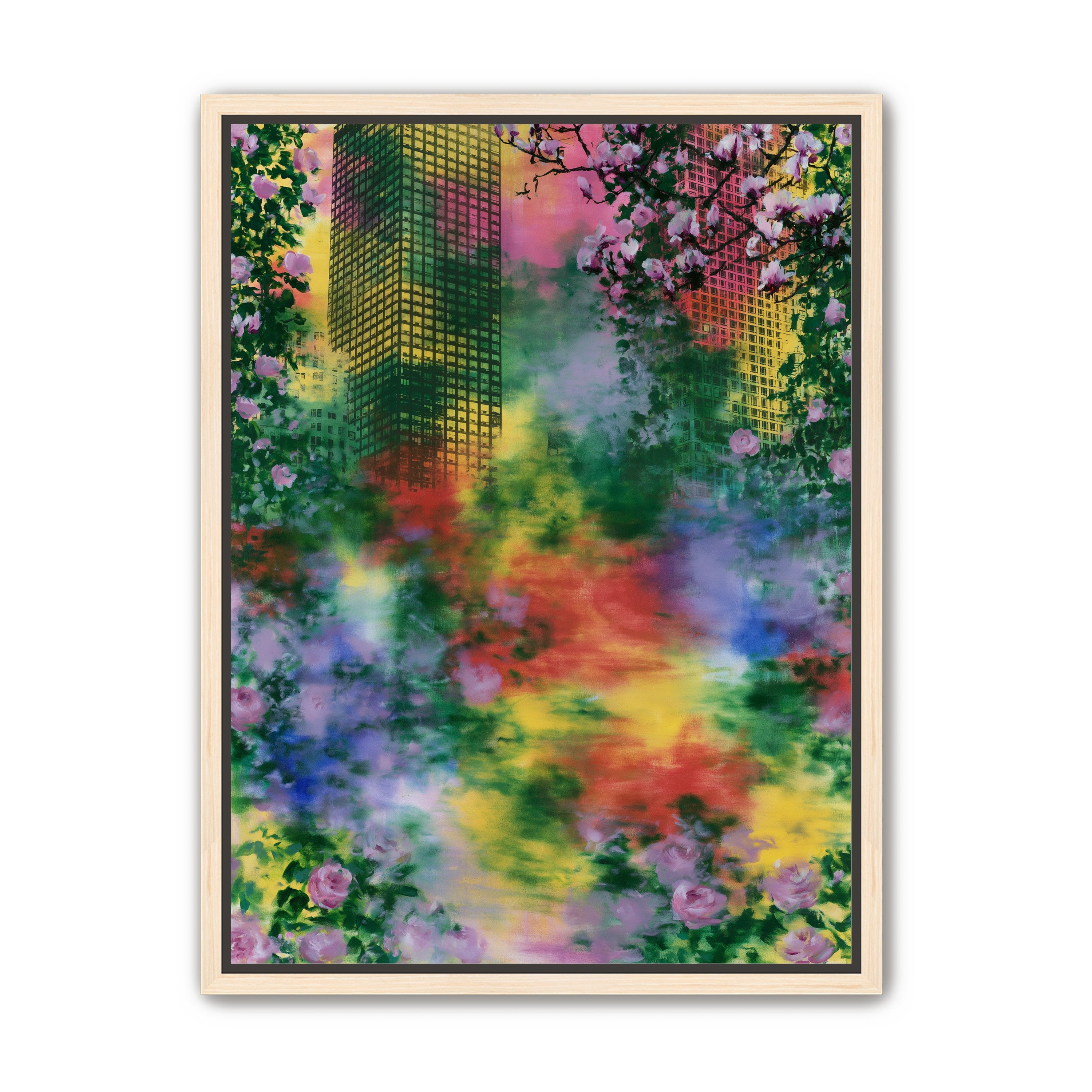 Blossoms over rainbow glass