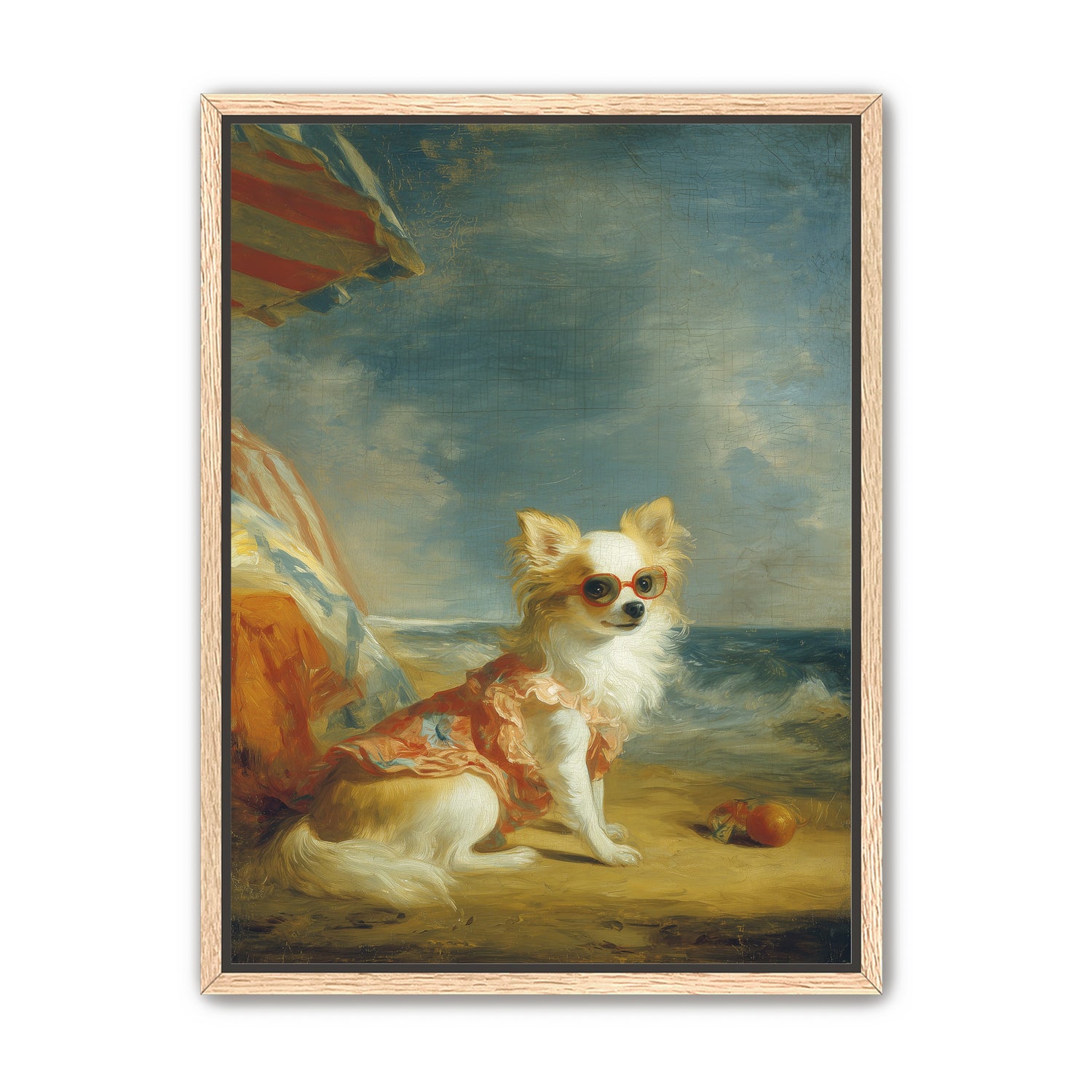 Seaside dog in red sunglasses