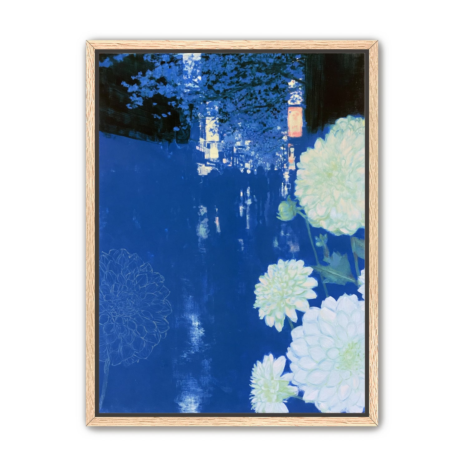 White blooms on blue canal