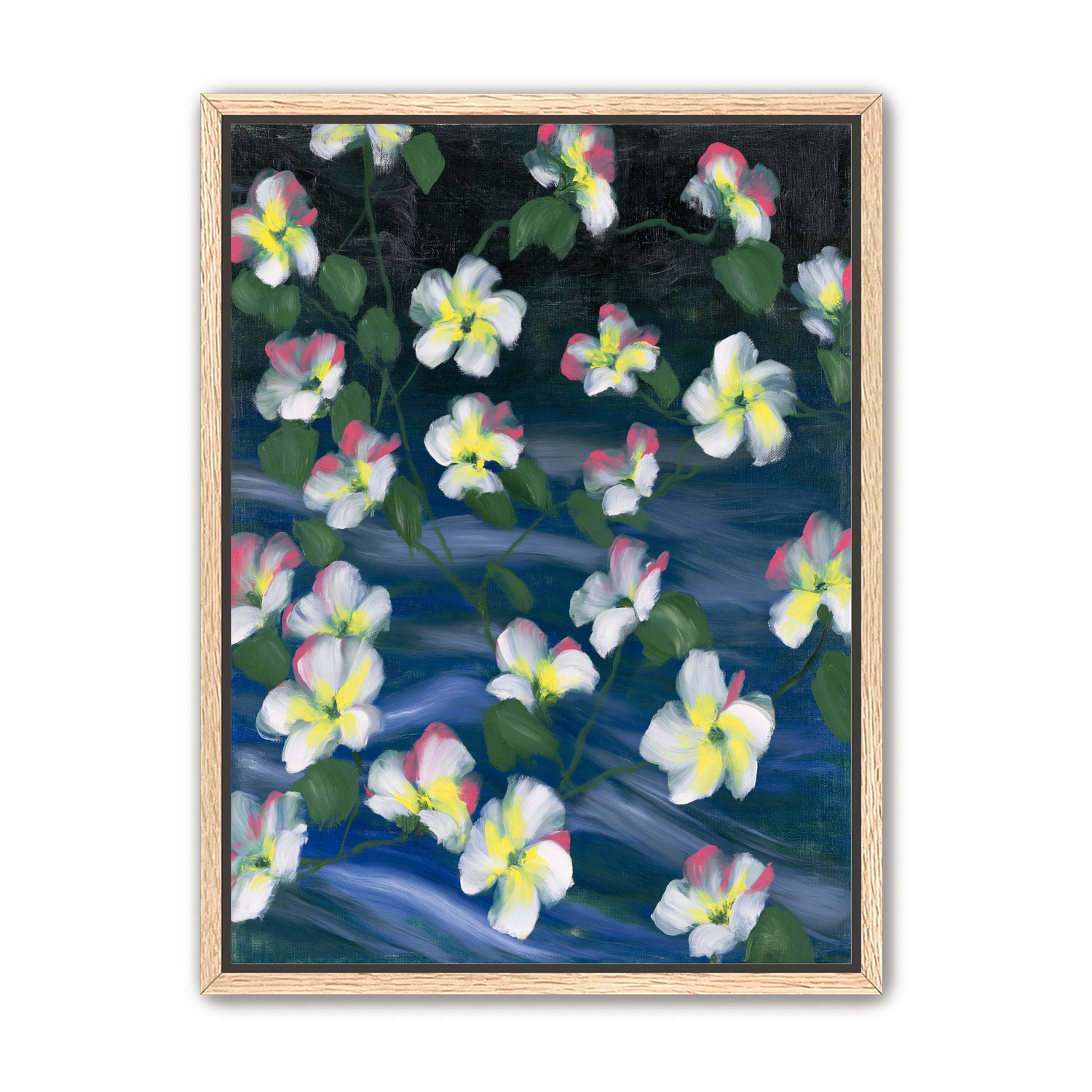 White flowers across deep blue