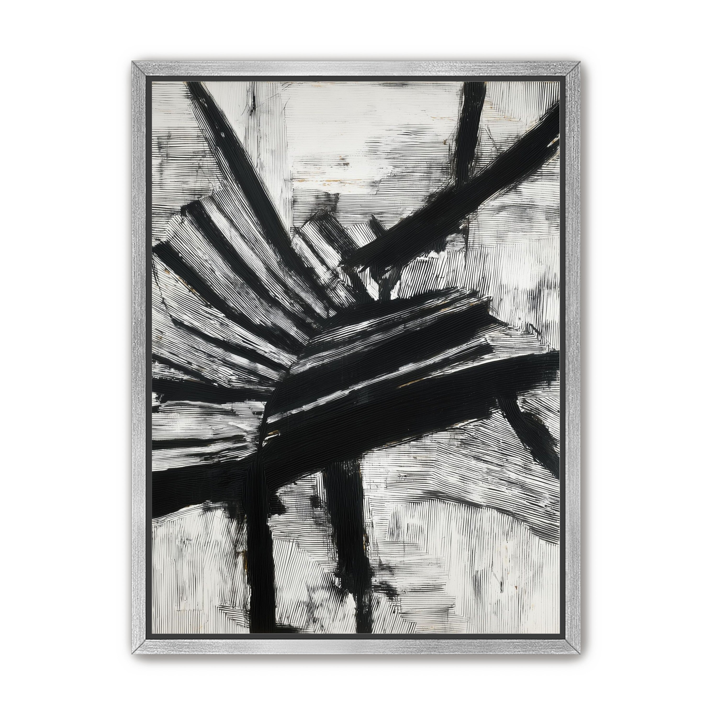 Non-Representational: Thick black brushstrokes cross and stack over a white surface filled with fine scratched lines.