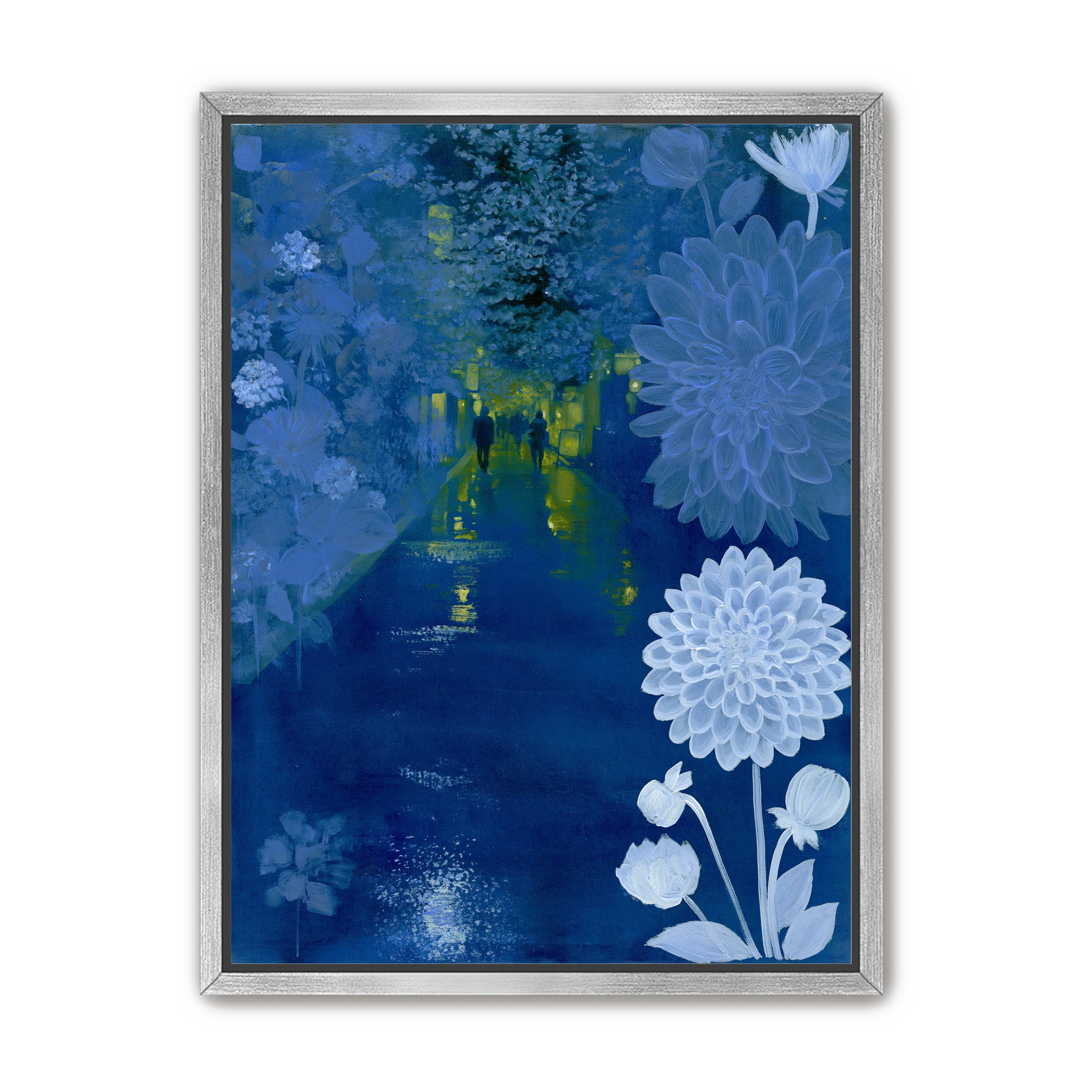 Two walkers under giant flowers