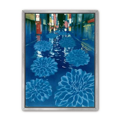 Neon spills into blue floodwater