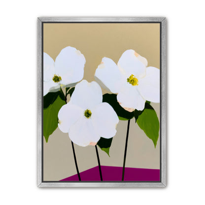 Three white flowers above purple